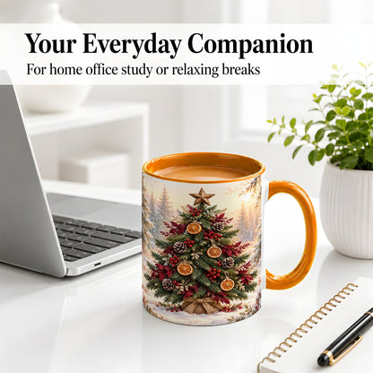 #pl[11oz|Orange] Rustic Christmas Tree Accent Ceramic Mug, Orange Pinecone Art