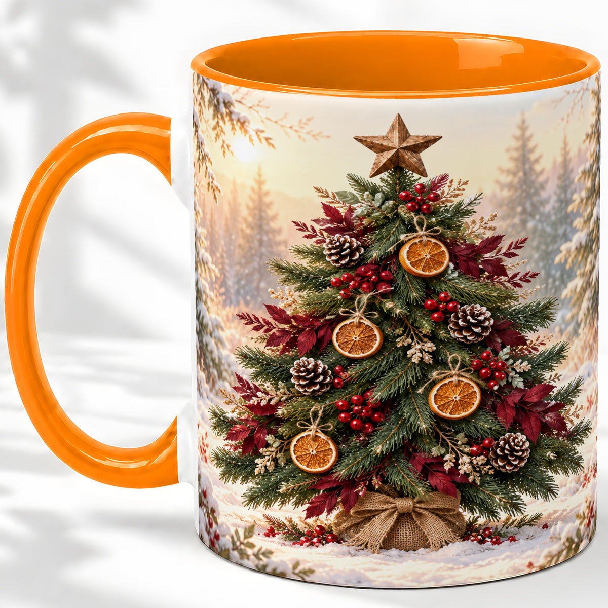 #pl[11oz|Orange] Rustic Christmas Tree Accent Ceramic Mug, Orange Pinecone Art
