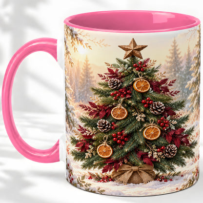#pl[11oz|Pink] Rustic Christmas Tree Accent Ceramic Mug, Orange Pinecone Art