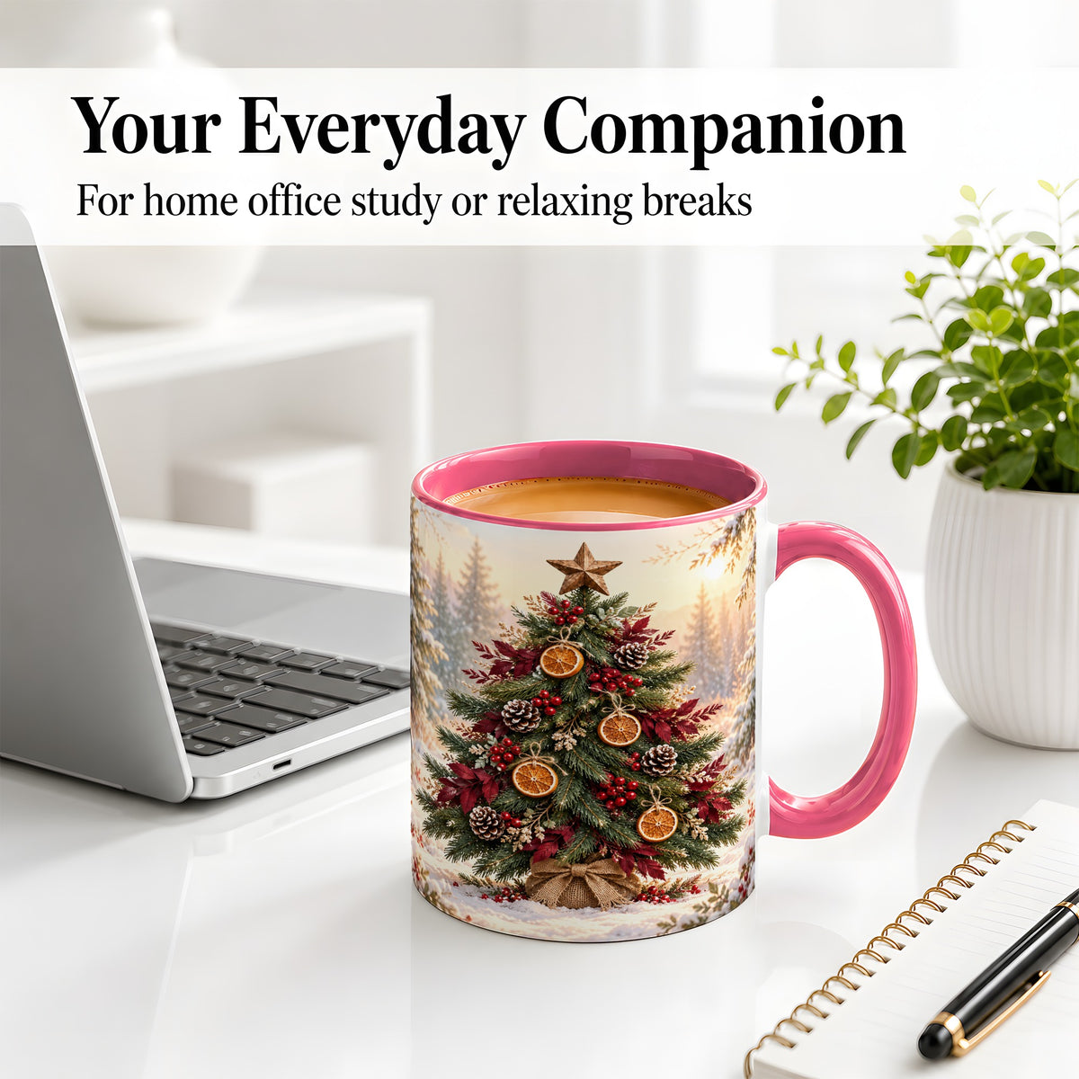 #pl[11oz|Pink] Rustic Christmas Tree Accent Ceramic Mug, Orange Pinecone Art