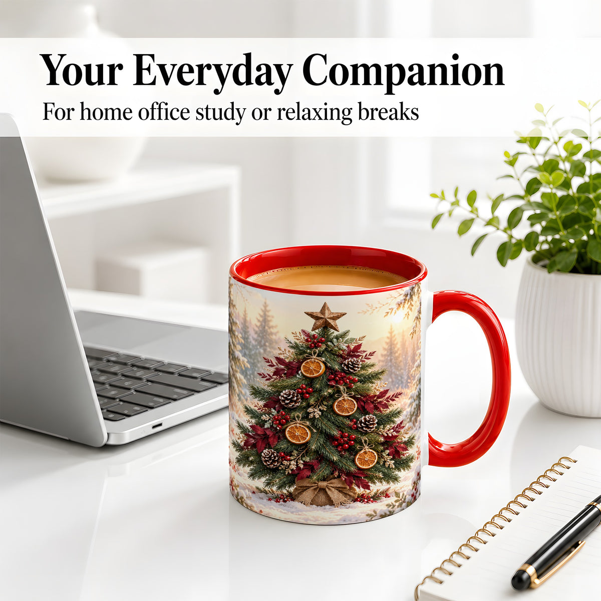 #pl[11oz|Red] Rustic Christmas Tree Accent Ceramic Mug, Orange Pinecone Art