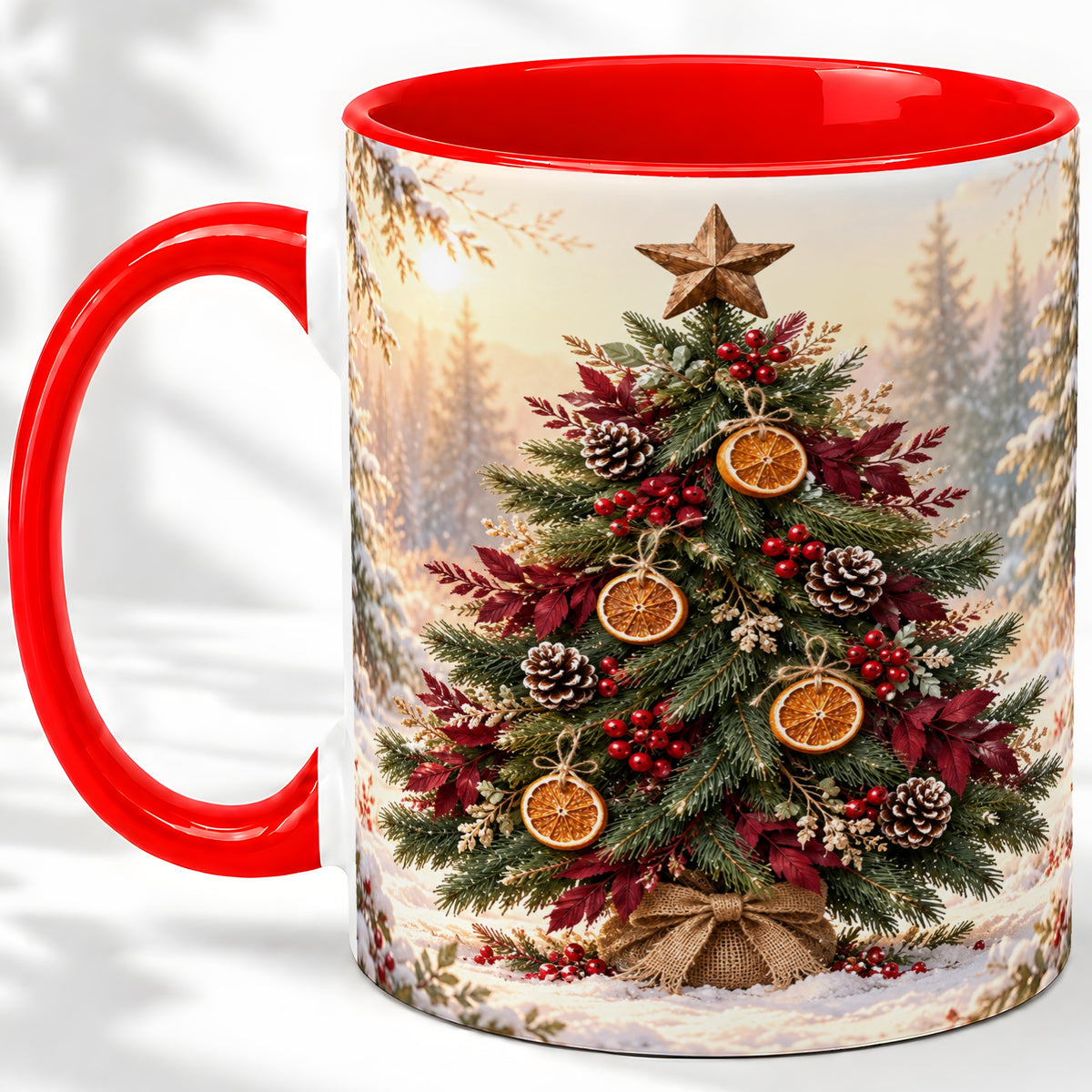 Rustic Christmas Tree Accent Ceramic Mug, Orange Pinecone Art