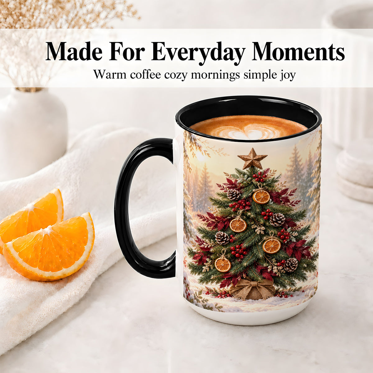 #pl[15oz|Black] Rustic Christmas Tree Accent Ceramic Mug, Orange Pinecone Art