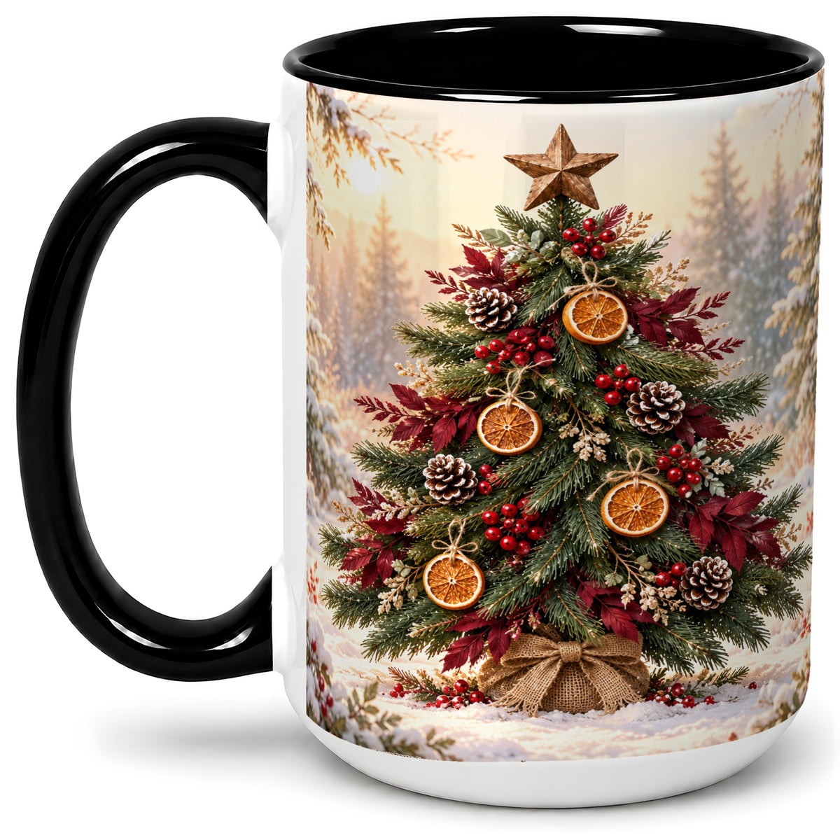 #pl[15oz|Black] Rustic Christmas Tree Accent Ceramic Mug, Orange Pinecone Art