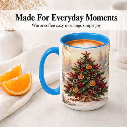 #pl[15oz|Blue] Rustic Christmas Tree Accent Ceramic Mug, Orange Pinecone Art