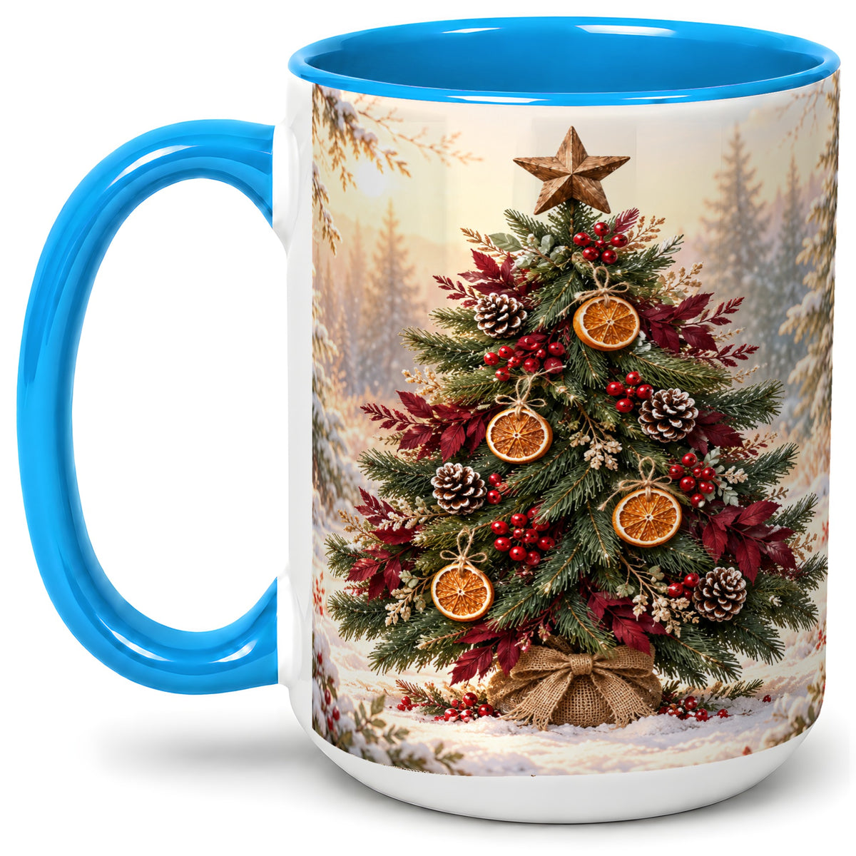 #pl[15oz|Blue] Rustic Christmas Tree Accent Ceramic Mug, Orange Pinecone Art