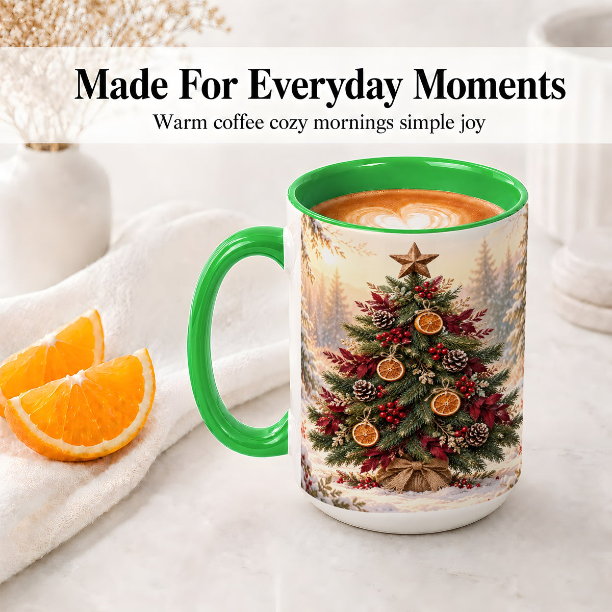 #pl[15oz|Green] Rustic Christmas Tree Accent Ceramic Mug, Orange Pinecone Art