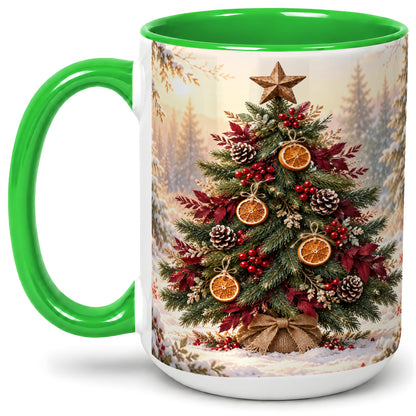 #pl[15oz|Green] Rustic Christmas Tree Accent Ceramic Mug, Orange Pinecone Art