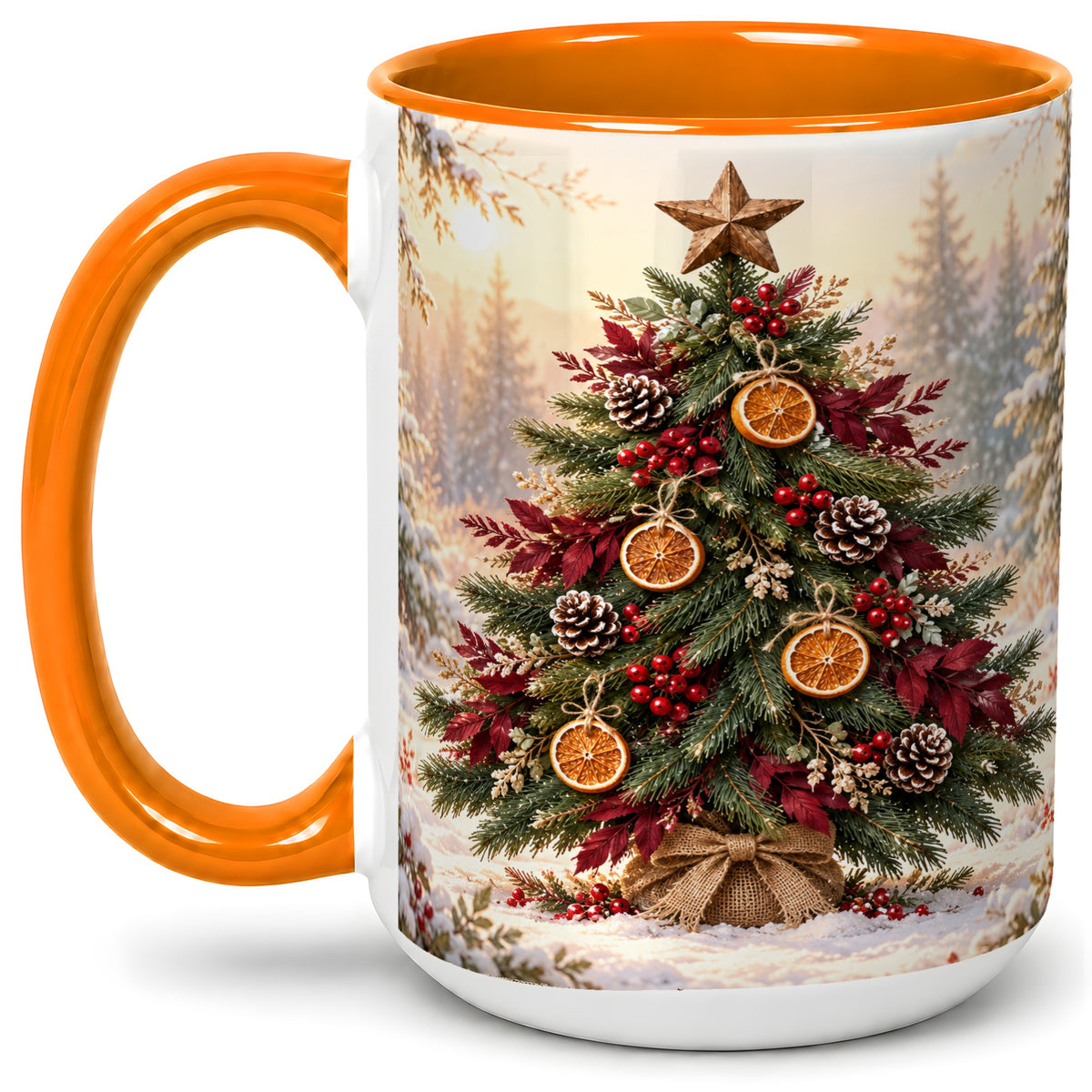 #pl[15oz|Orange] Rustic Christmas Tree Accent Ceramic Mug, Orange Pinecone Art