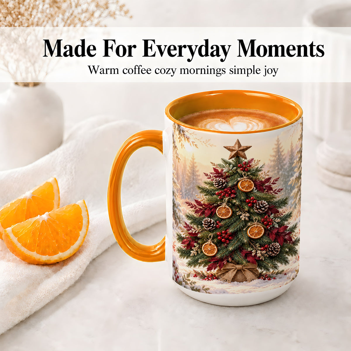 #pl[15oz|Orange] Rustic Christmas Tree Accent Ceramic Mug, Orange Pinecone Art