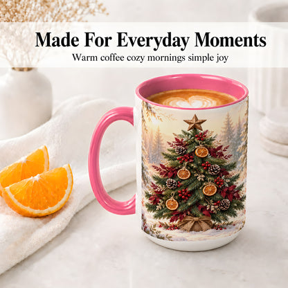 #pl[15oz|Pink] Rustic Christmas Tree Accent Ceramic Mug, Orange Pinecone Art