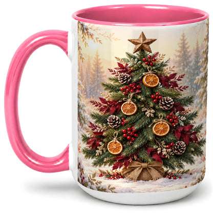 #pl[15oz|Pink] Rustic Christmas Tree Accent Ceramic Mug, Orange Pinecone Art