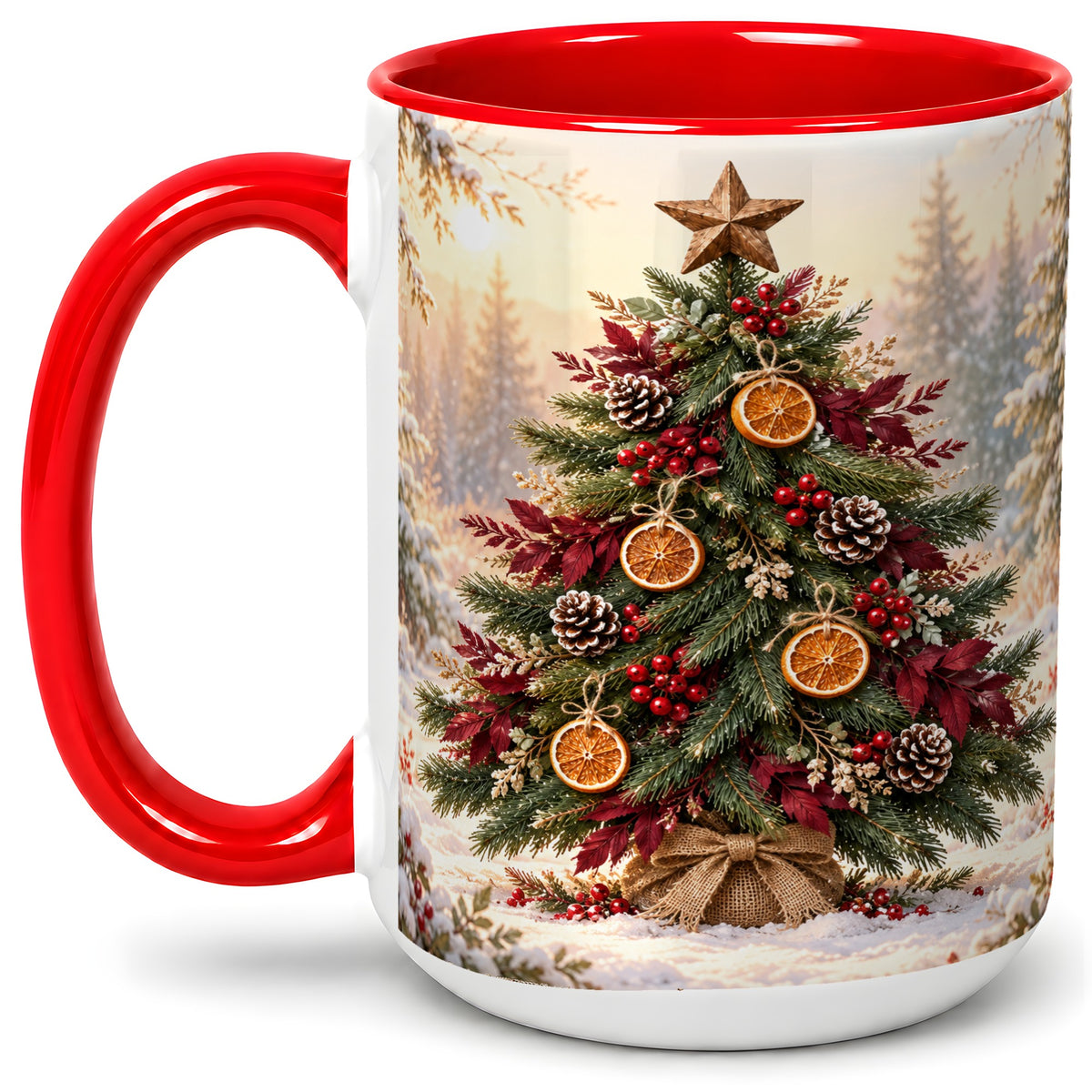 #pl[15oz|Red] Rustic Christmas Tree Accent Ceramic Mug, Orange Pinecone Art