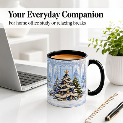 #pl[11oz|Black] Blue Gold Christmas Trees Accent Ceramic Mug, Winter Scene