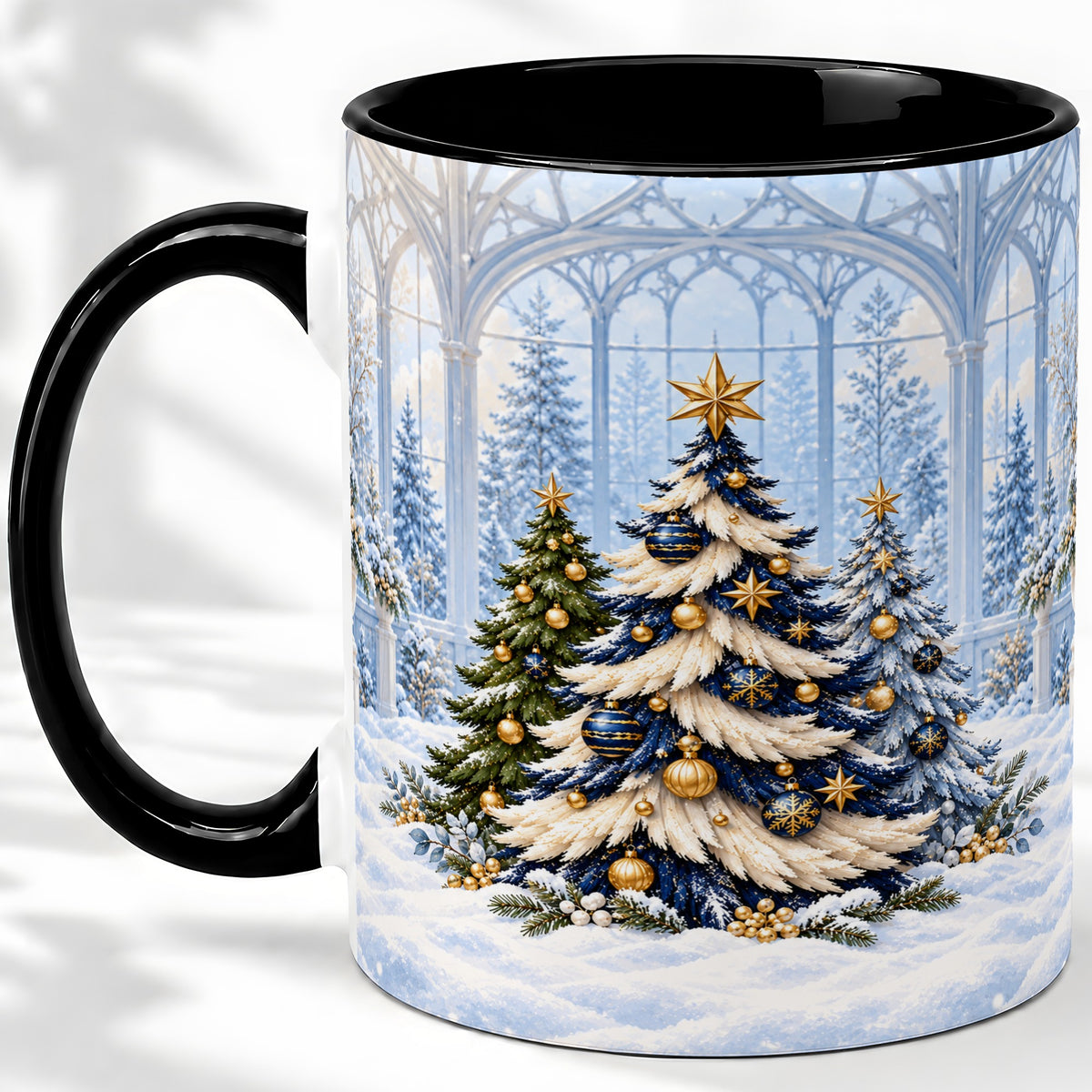 #pl[11oz|Black] Blue Gold Christmas Trees Accent Ceramic Mug, Winter Scene