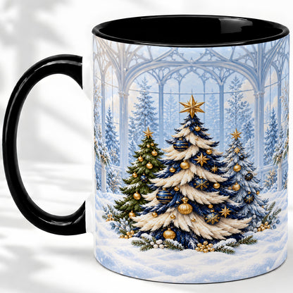 #pl[11oz|Black] Blue Gold Christmas Trees Accent Ceramic Mug, Winter Scene