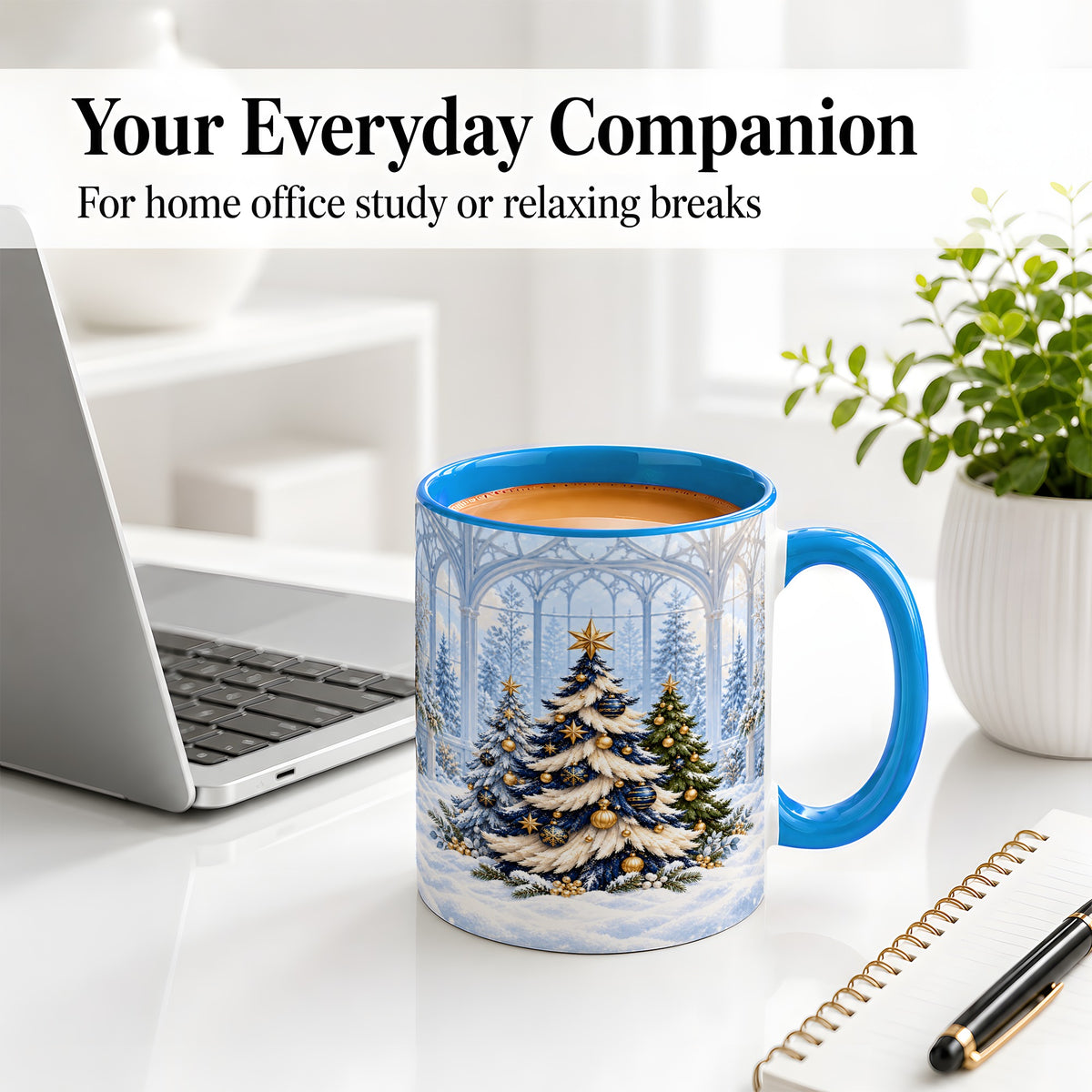 #pl[11oz|Blue] Blue Gold Christmas Trees Accent Ceramic Mug, Winter Scene