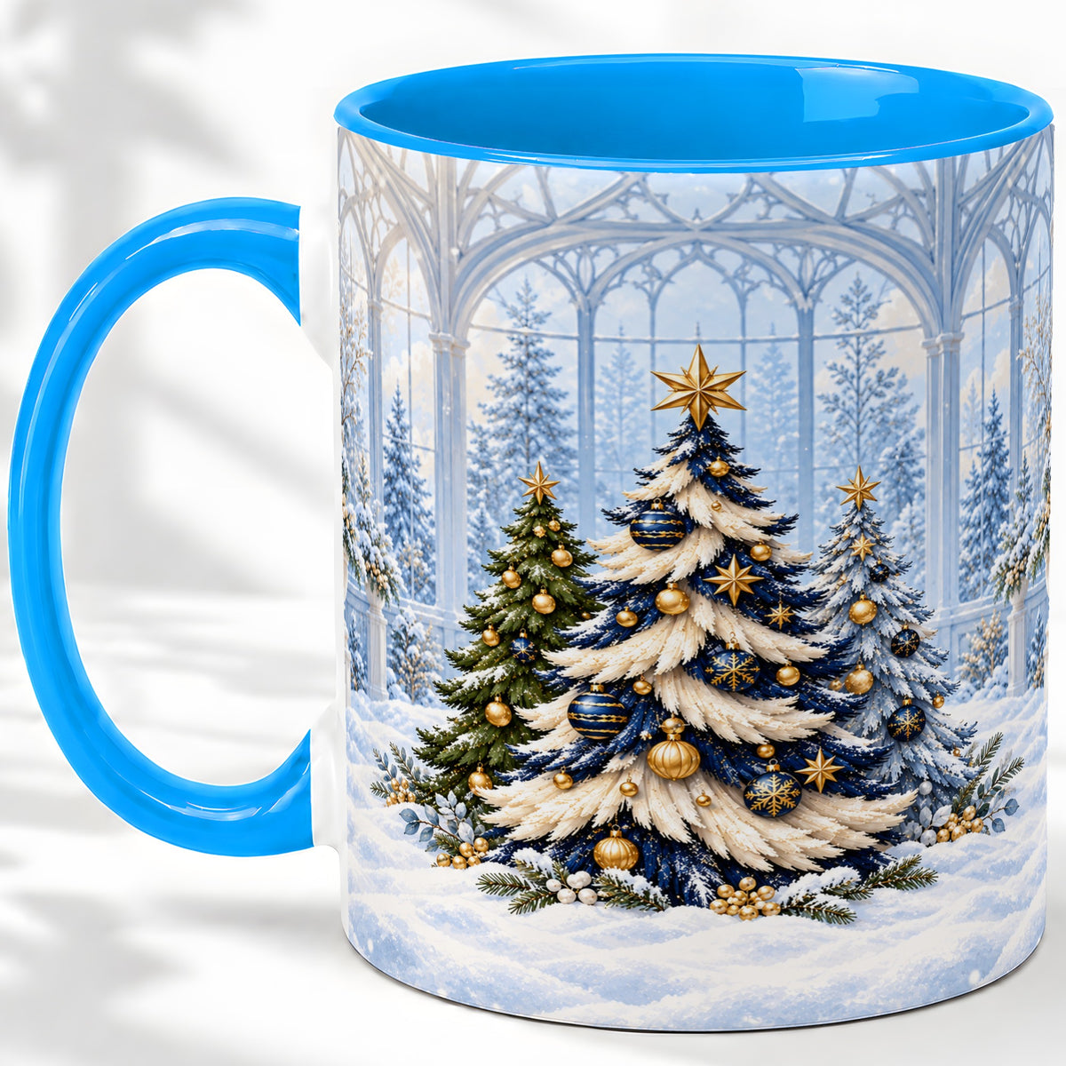 #pl[11oz|Blue] Blue Gold Christmas Trees Accent Ceramic Mug, Winter Scene