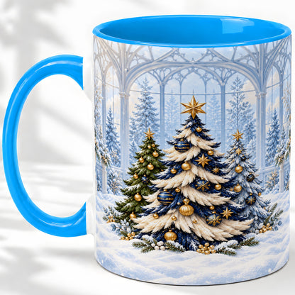 #pl[11oz|Blue] Blue Gold Christmas Trees Accent Ceramic Mug, Winter Scene