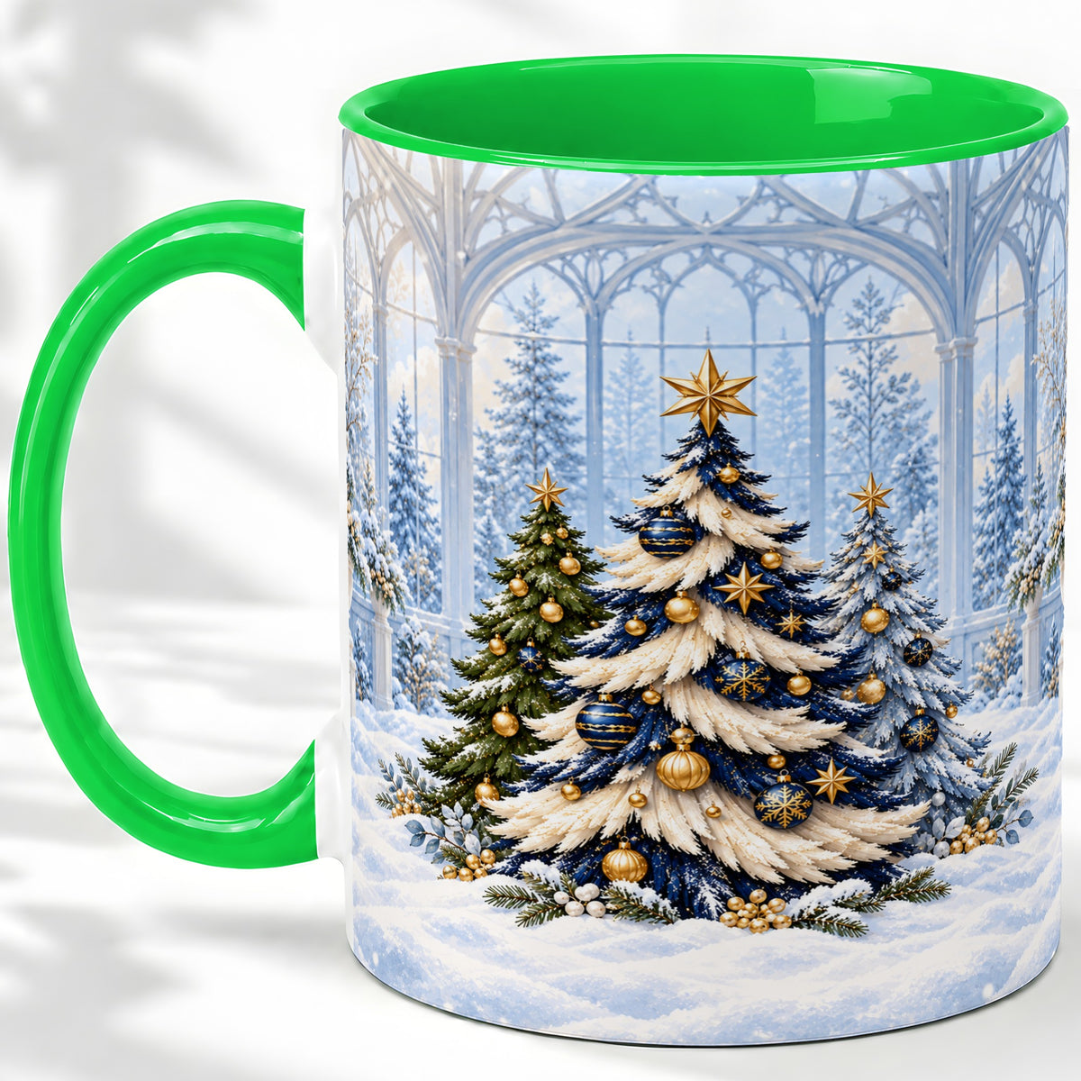 #pl[11oz|Green] Blue Gold Christmas Trees Accent Ceramic Mug, Winter Scene