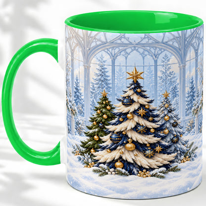 #pl[11oz|Green] Blue Gold Christmas Trees Accent Ceramic Mug, Winter Scene