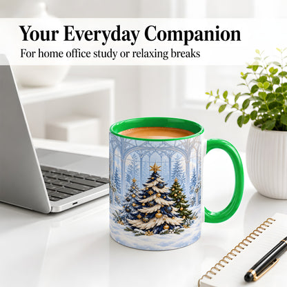 #pl[11oz|Green] Blue Gold Christmas Trees Accent Ceramic Mug, Winter Scene