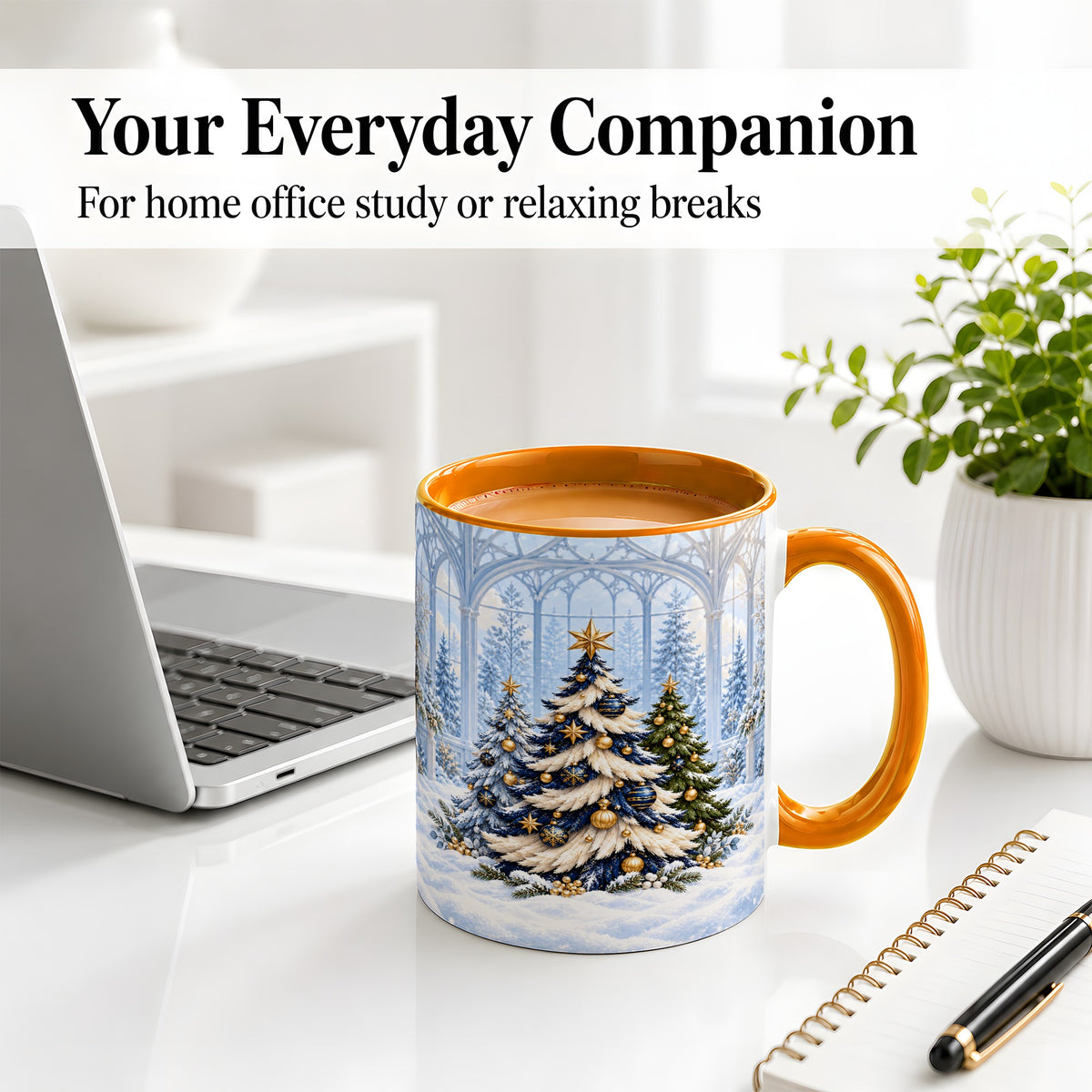 #pl[11oz|Orange] Blue Gold Christmas Trees Accent Ceramic Mug, Winter Scene