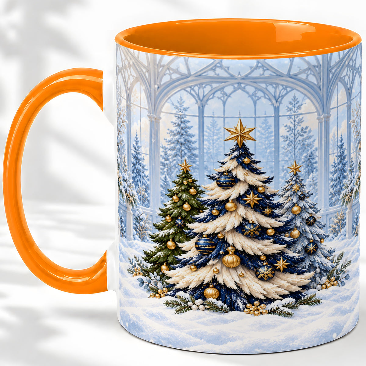 #pl[11oz|Orange] Blue Gold Christmas Trees Accent Ceramic Mug, Winter Scene