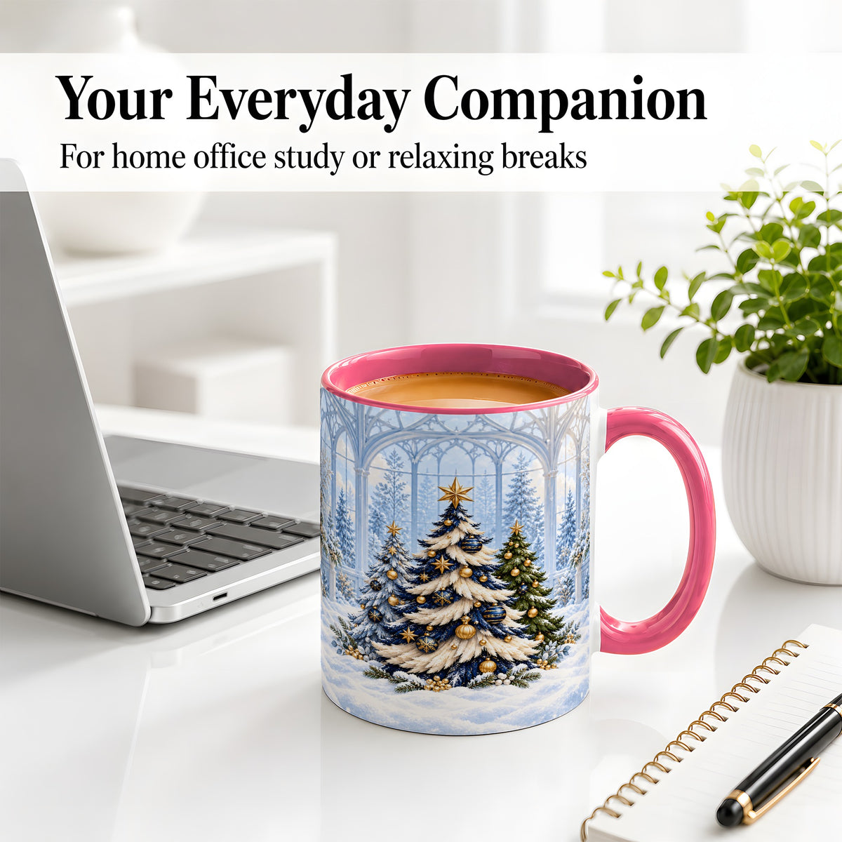 #pl[11oz|Pink] Blue Gold Christmas Trees Accent Ceramic Mug, Winter Scene