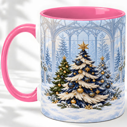 #pl[11oz|Pink] Blue Gold Christmas Trees Accent Ceramic Mug, Winter Scene