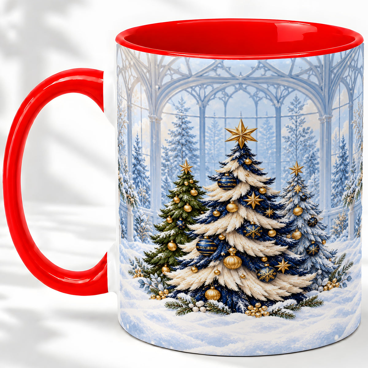 Blue Gold Christmas Trees Accent Ceramic Mug, Winter Scene