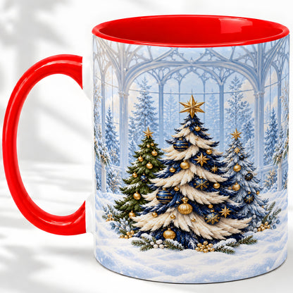 Blue Gold Christmas Trees Accent Ceramic Mug, Winter Scene