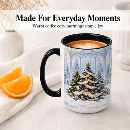 #pl[15oz|Black] Blue Gold Christmas Trees Accent Ceramic Mug, Winter Scene