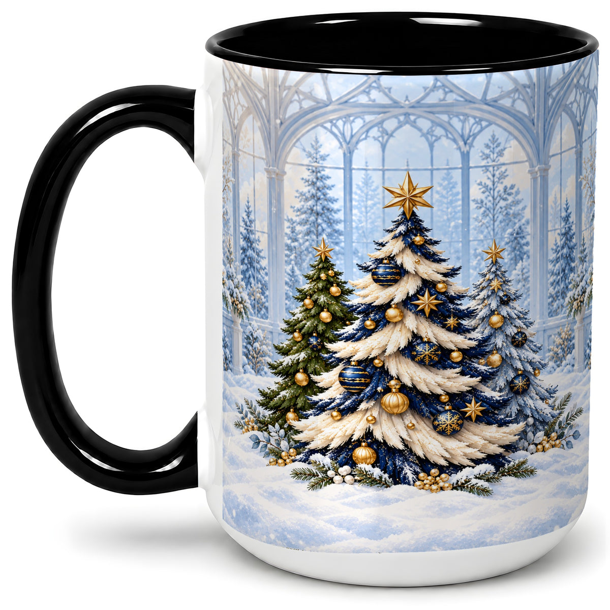 #pl[15oz|Black] Blue Gold Christmas Trees Accent Ceramic Mug, Winter Scene