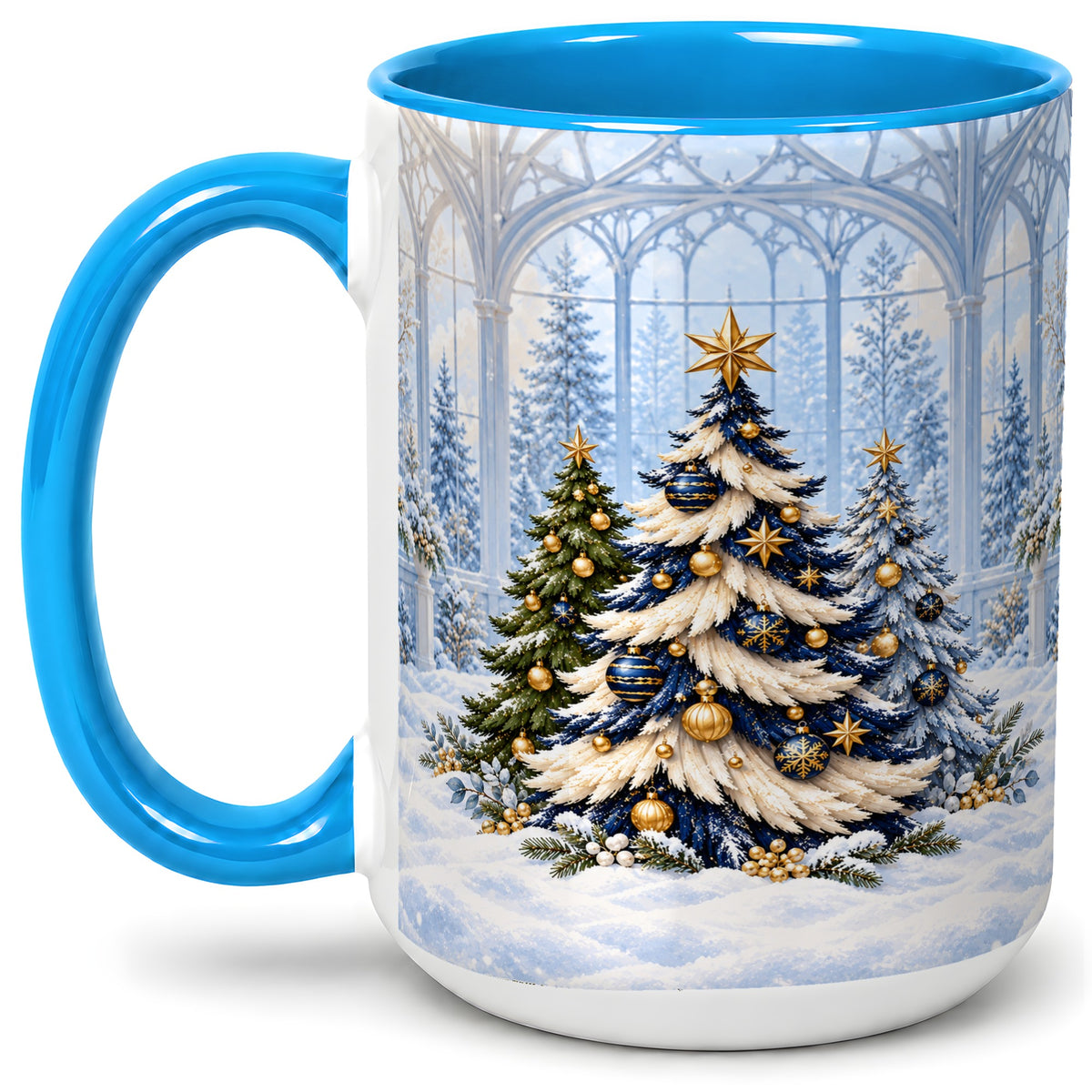 #pl[15oz|Blue] Blue Gold Christmas Trees Accent Ceramic Mug, Winter Scene