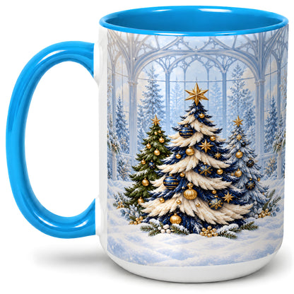 #pl[15oz|Blue] Blue Gold Christmas Trees Accent Ceramic Mug, Winter Scene
