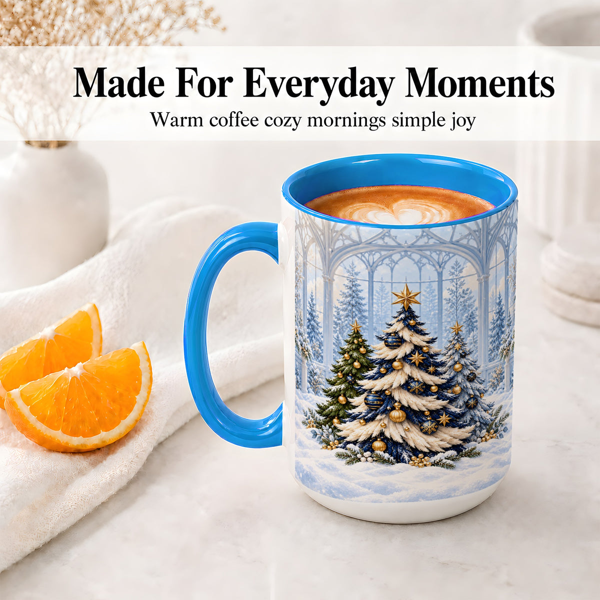#pl[15oz|Blue] Blue Gold Christmas Trees Accent Ceramic Mug, Winter Scene