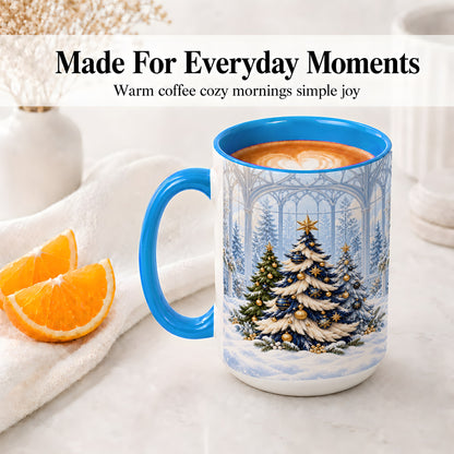 #pl[15oz|Blue] Blue Gold Christmas Trees Accent Ceramic Mug, Winter Scene