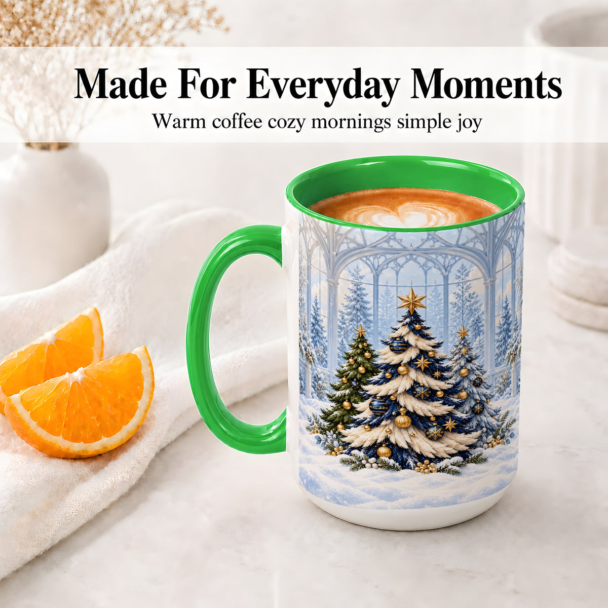 #pl[15oz|Green] Blue Gold Christmas Trees Accent Ceramic Mug, Winter Scene