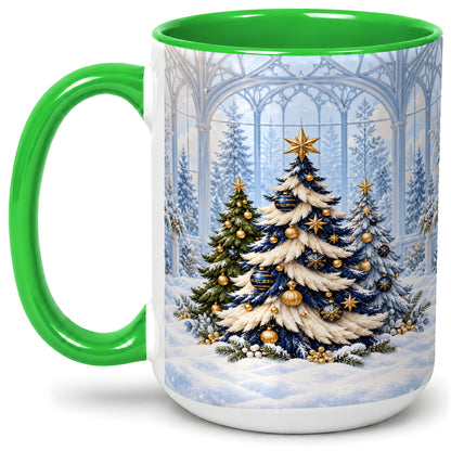 #pl[15oz|Green] Blue Gold Christmas Trees Accent Ceramic Mug, Winter Scene