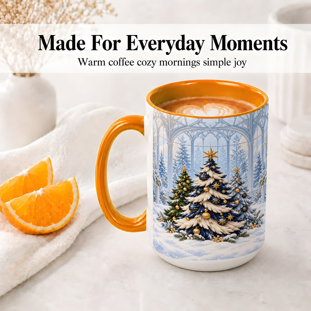 #pl[15oz|Orange] Blue Gold Christmas Trees Accent Ceramic Mug, Winter Scene