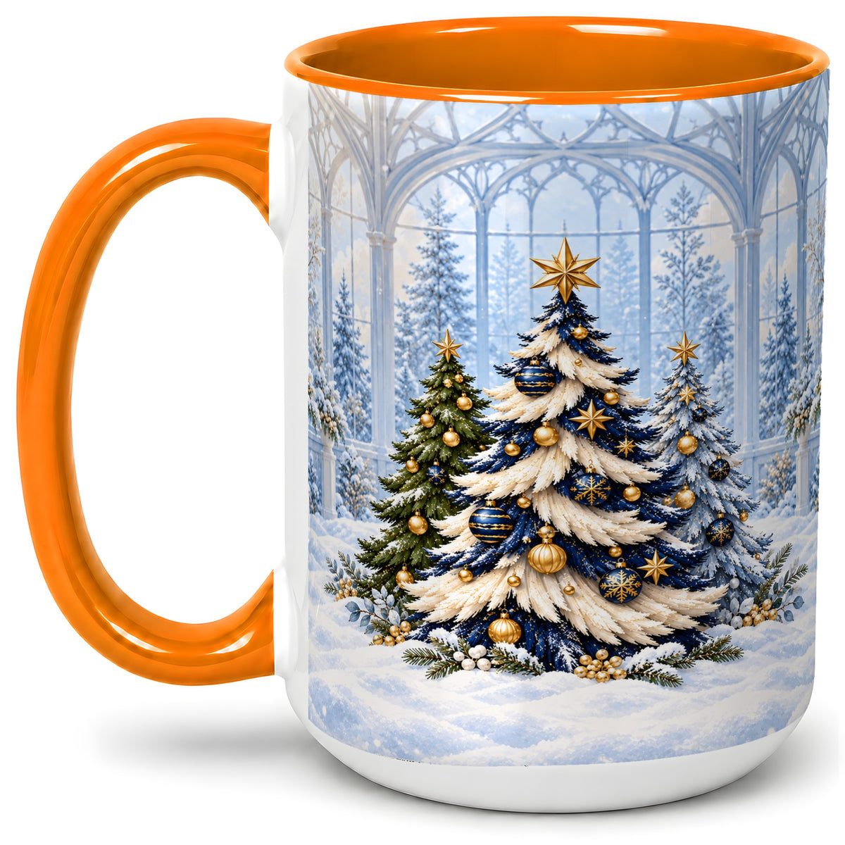 #pl[15oz|Orange] Blue Gold Christmas Trees Accent Ceramic Mug, Winter Scene