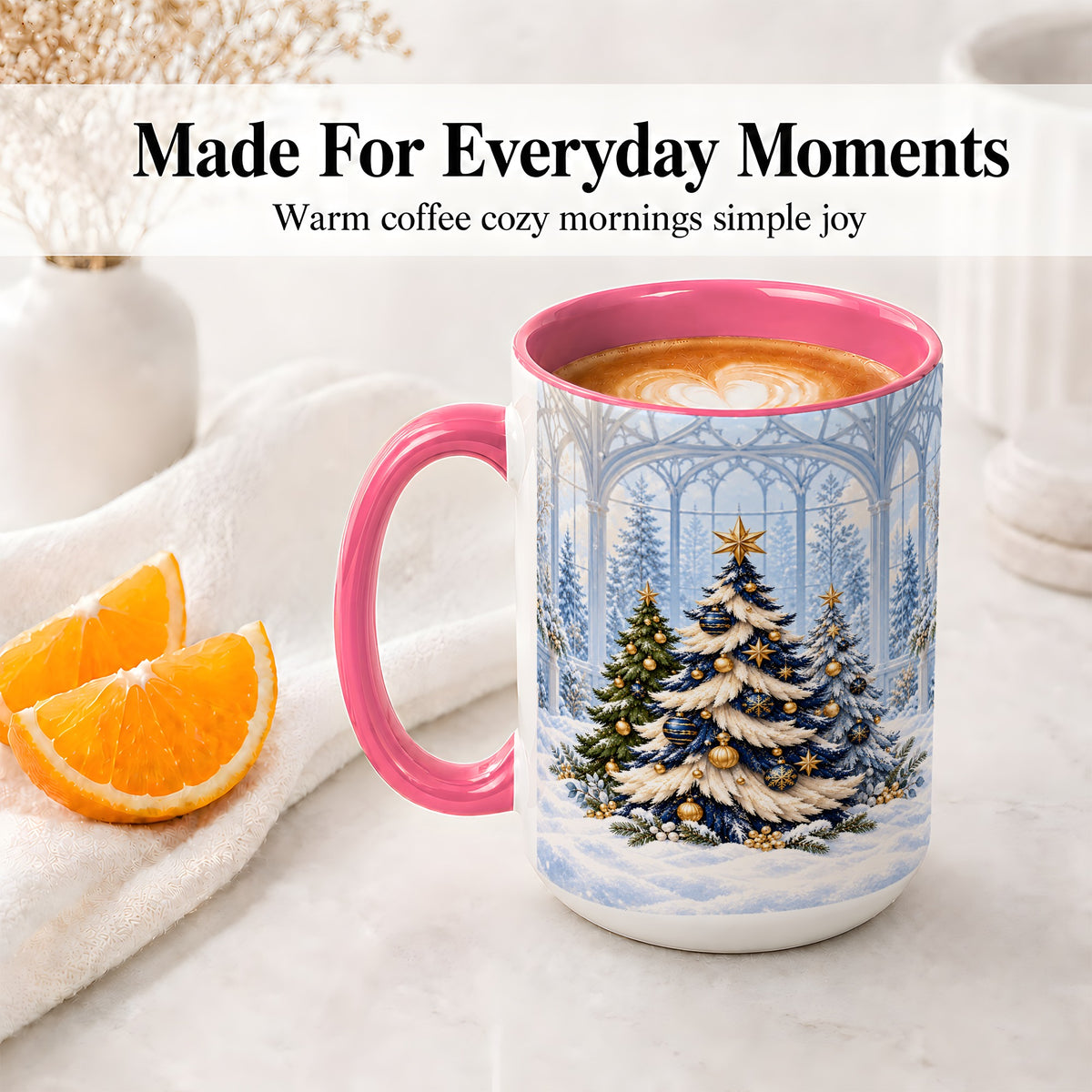 #pl[15oz|Pink] Blue Gold Christmas Trees Accent Ceramic Mug, Winter Scene