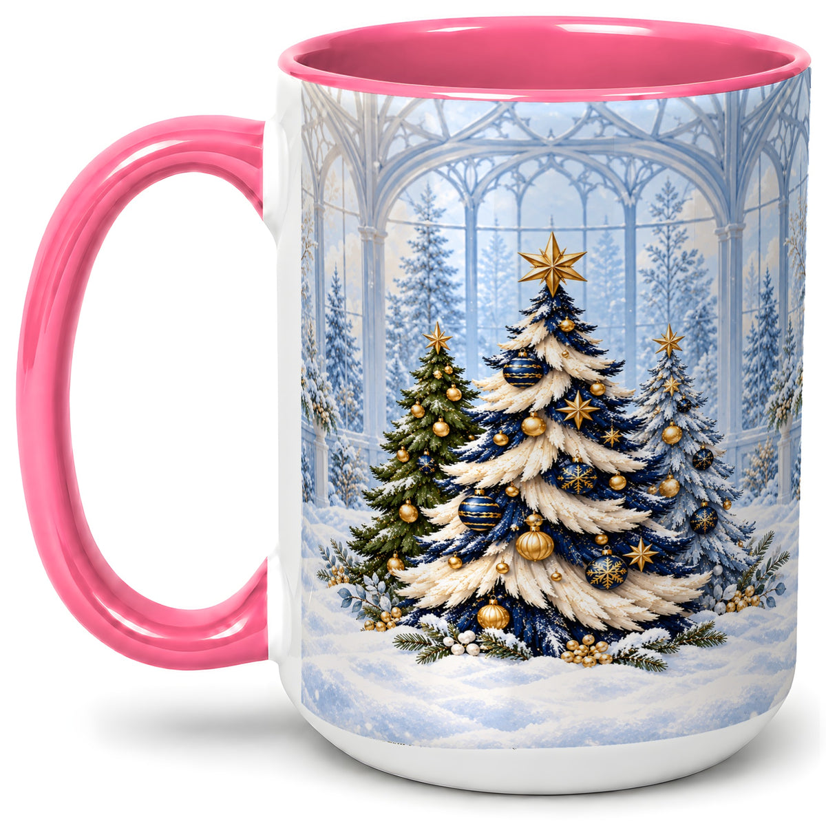 #pl[15oz|Pink] Blue Gold Christmas Trees Accent Ceramic Mug, Winter Scene