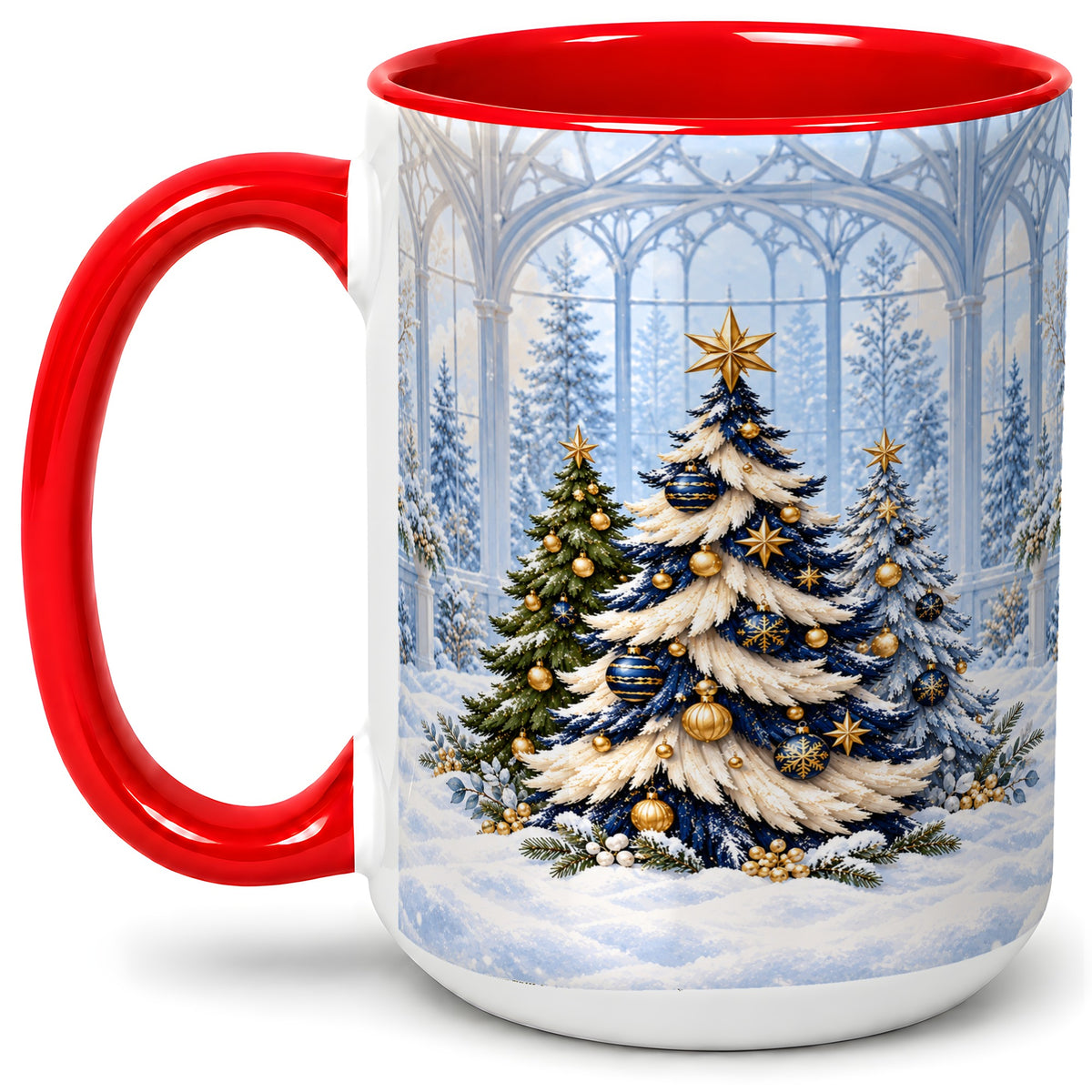 #pl[15oz|Red] Blue Gold Christmas Trees Accent Ceramic Mug, Winter Scene