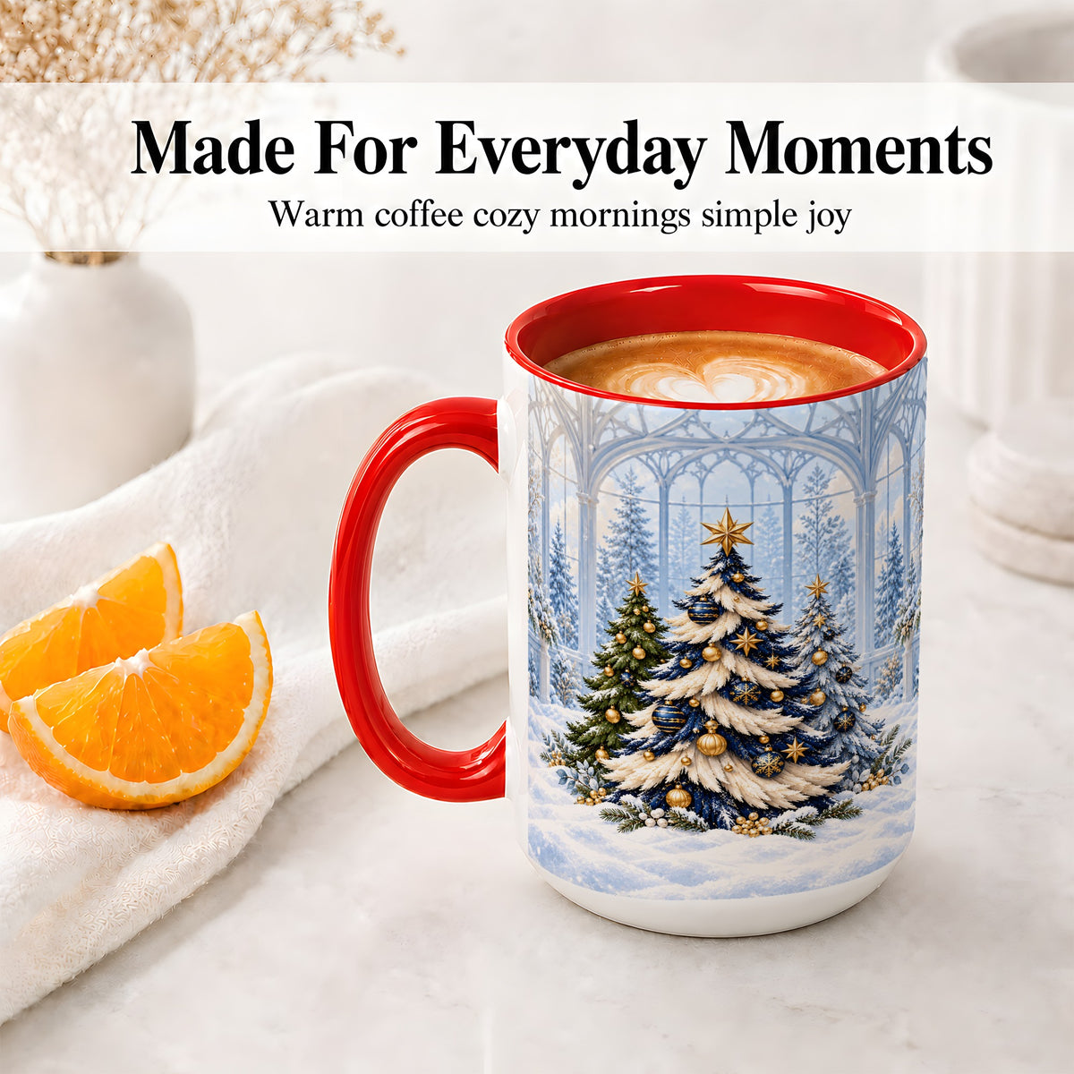 #pl[15oz|Red] Blue Gold Christmas Trees Accent Ceramic Mug, Winter Scene