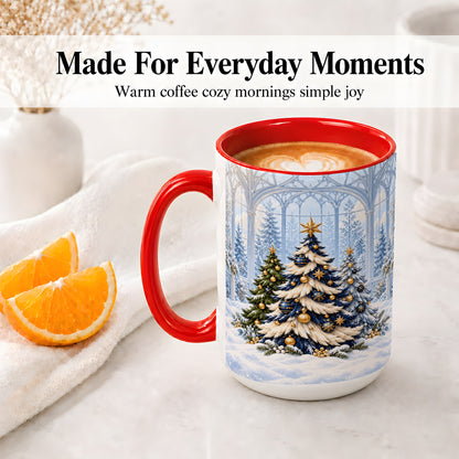 #pl[15oz|Red] Blue Gold Christmas Trees Accent Ceramic Mug, Winter Scene