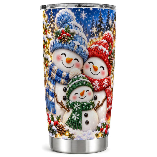 Snowman Family Tumbler 20oz, Winter Scene Stainless Steel Travel Cup