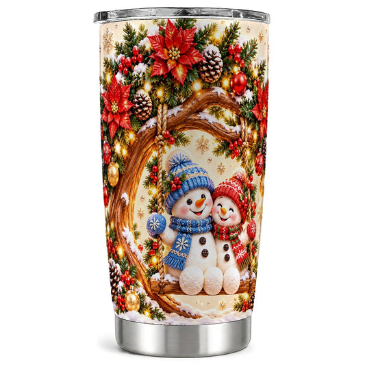 Snowman Couple Tumbler 20oz, Festive Stainless Steel Travel Cup