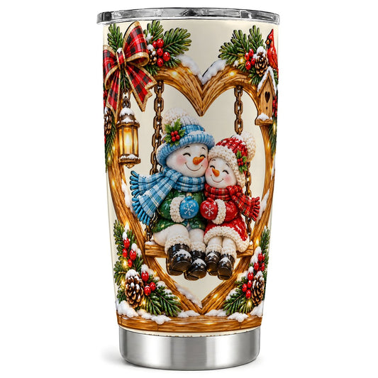 Snowman Couple Tumbler 20oz, Heart Frame Stainless Steel Travel Cup